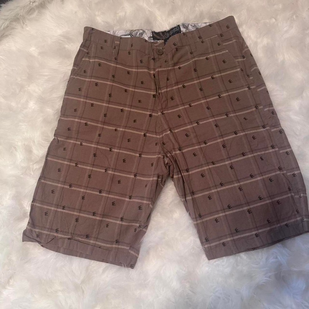 Y2K Elixir Men's Size 40 Brown/Tan‎ Plaid Skate Shorts with Small Black E Design